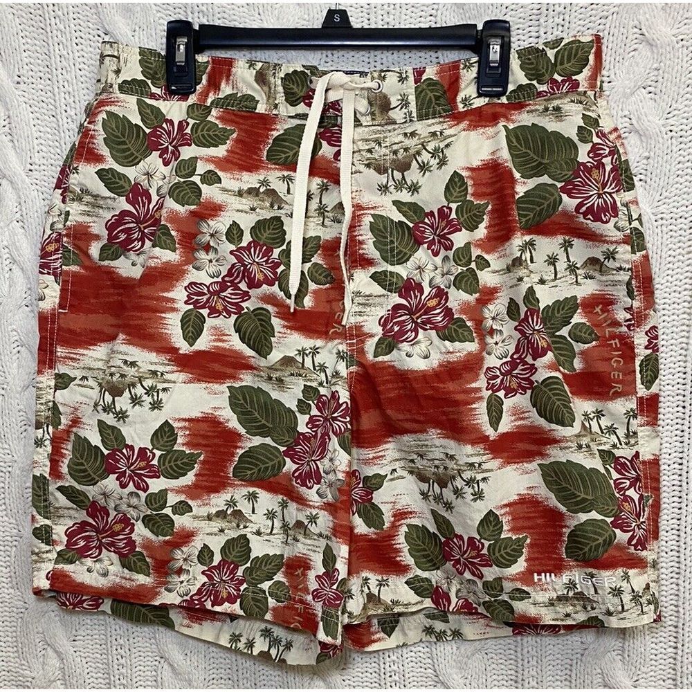 Tommy HilfigerHawaiian‎ Floral Swim Trunks Beach Shorts Palm Trees Red White S